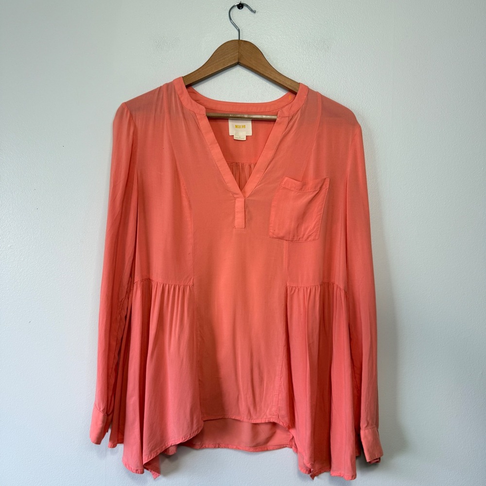 Maeve Anthropologie Coral Pink‎ Babydoll Blouse Long Sleeve Rayon Top Size 8